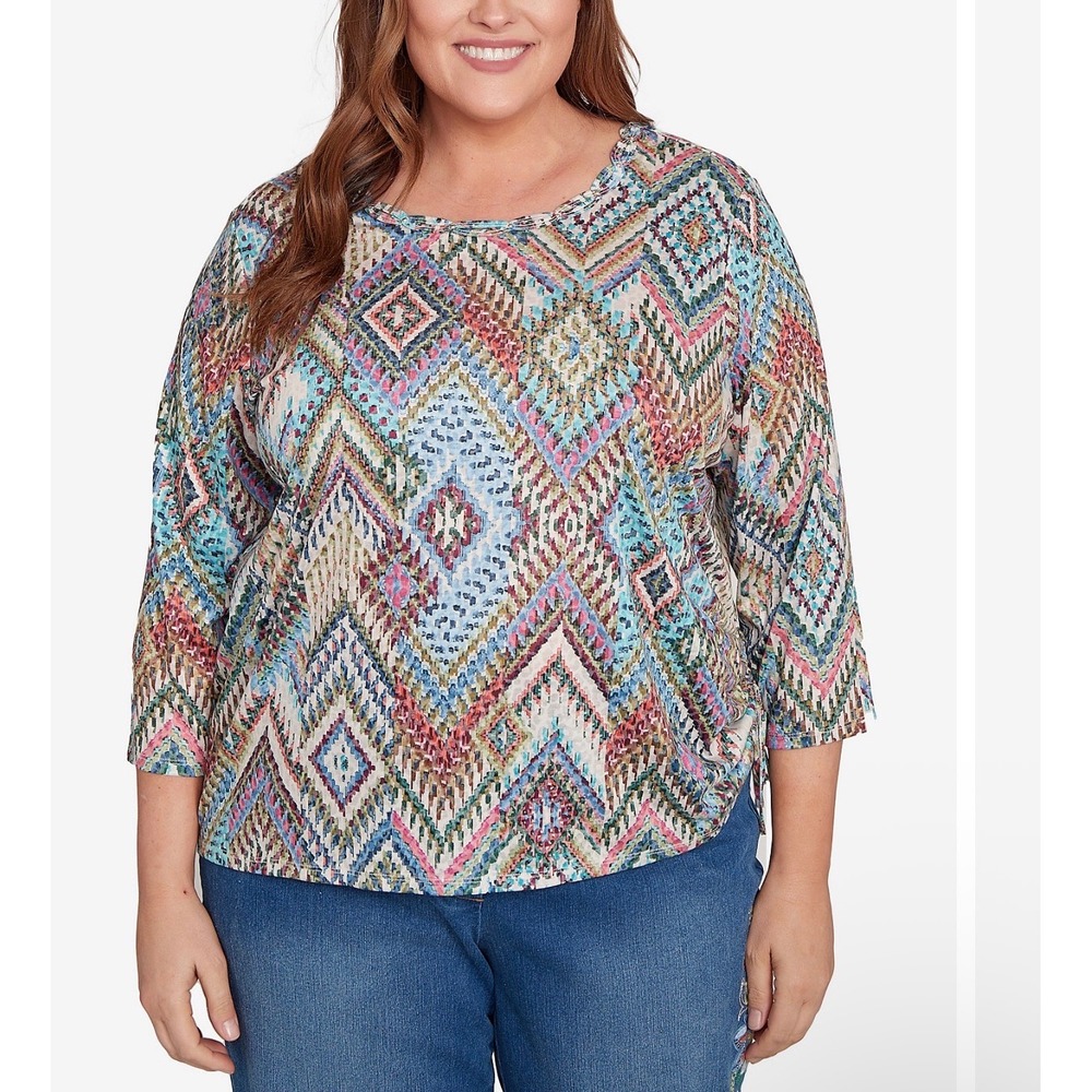 Alfred Dunner Womens 3X Geometric Print‎ Pullover Top Ruched Side Multicolored